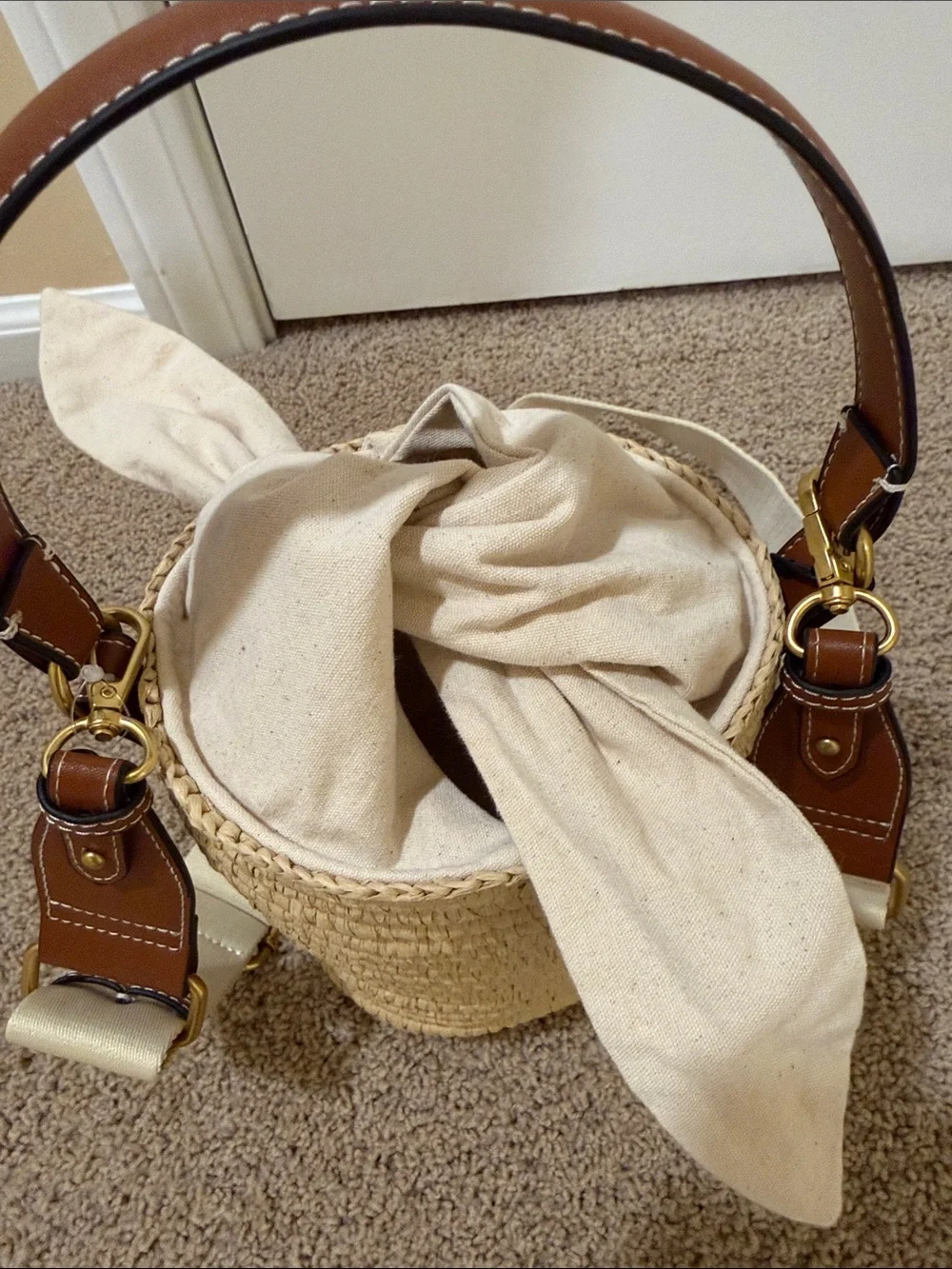 ZARA Cream and Brown Straw Bucket Crossbody Bag